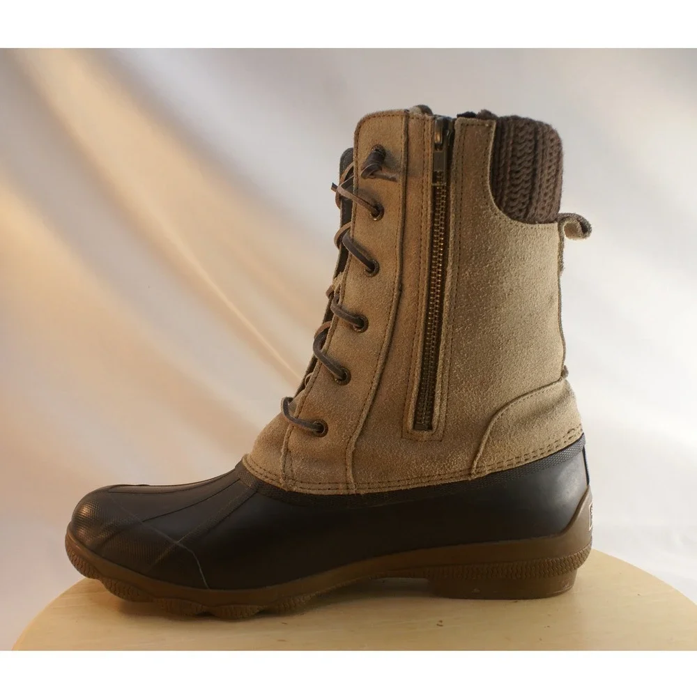 Sperry Saltwater Suede Knit Duck Boots Brown Tan STS83683 Womens 10